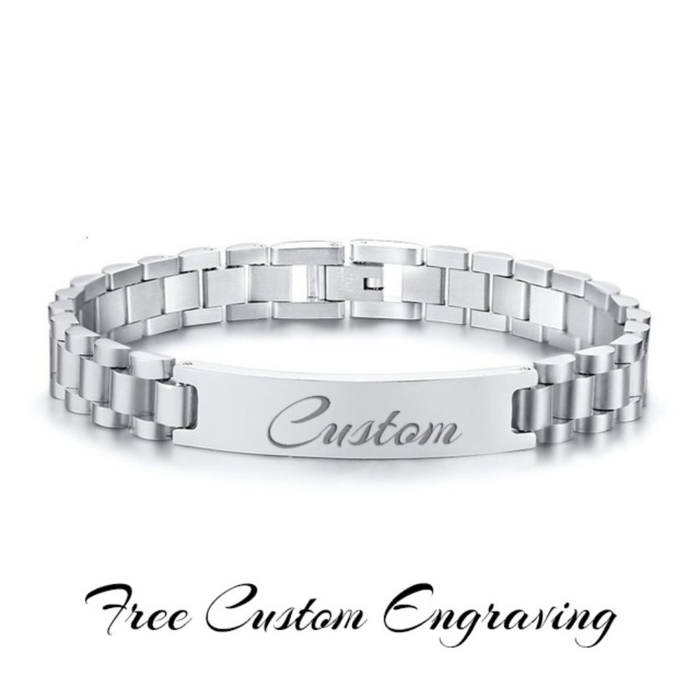 Mens silver plated high polished stainless steel custom bracelet.